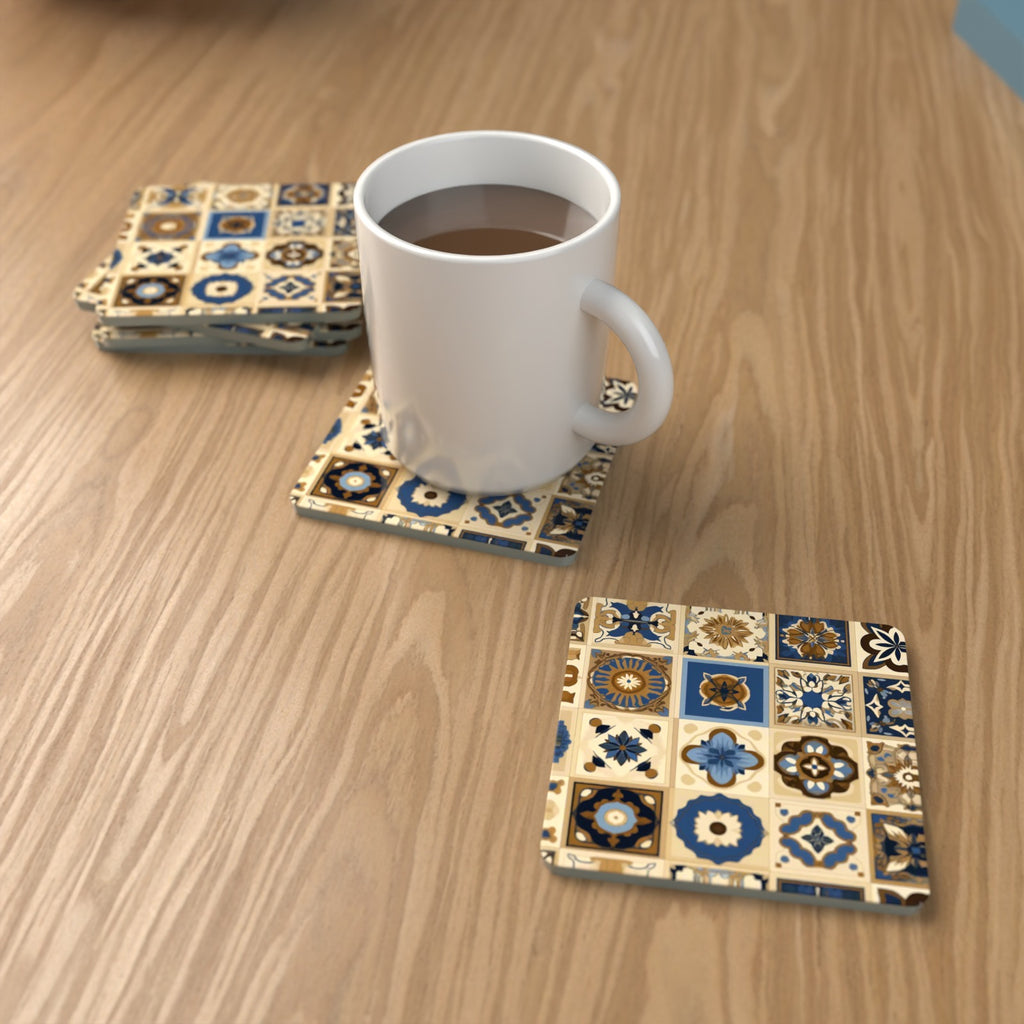 Navy & Gold Patterned Tiles Square Glass Coasters – Set of 6 – lifestyle mockup with a mug of coffee