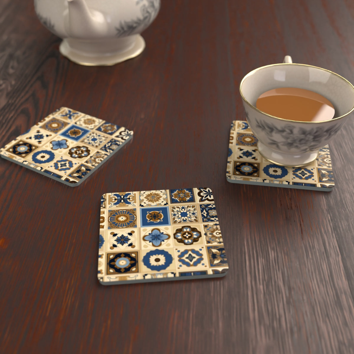 Navy & Gold Patterned Tiles Square Glass Coasters – Set of 6 – lifestyle mockup with a teacup