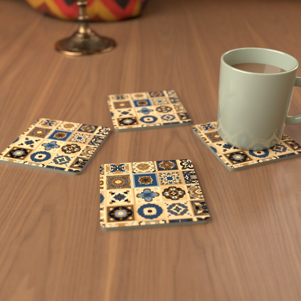 Navy & Gold Patterned Tiles Square Glass Coasters – Set of 6 – cosy lifestyle mockup