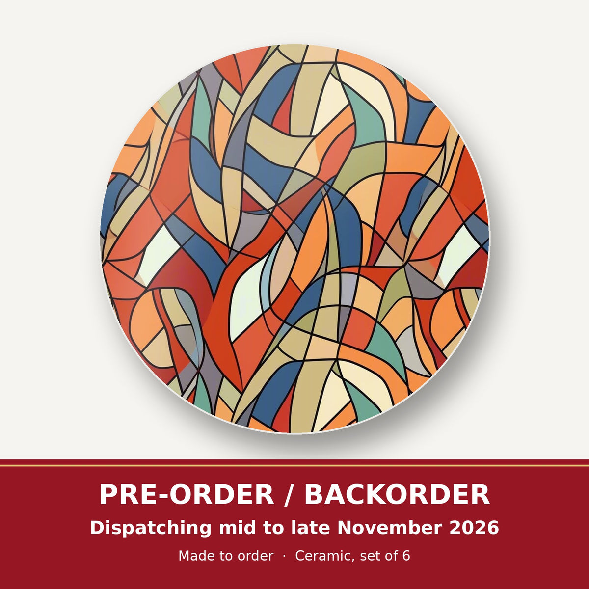 Stained Glass Swirl Abstract round ceramic coaster set of 6 – pre-order / backorder, dispatching mid to late November 2026