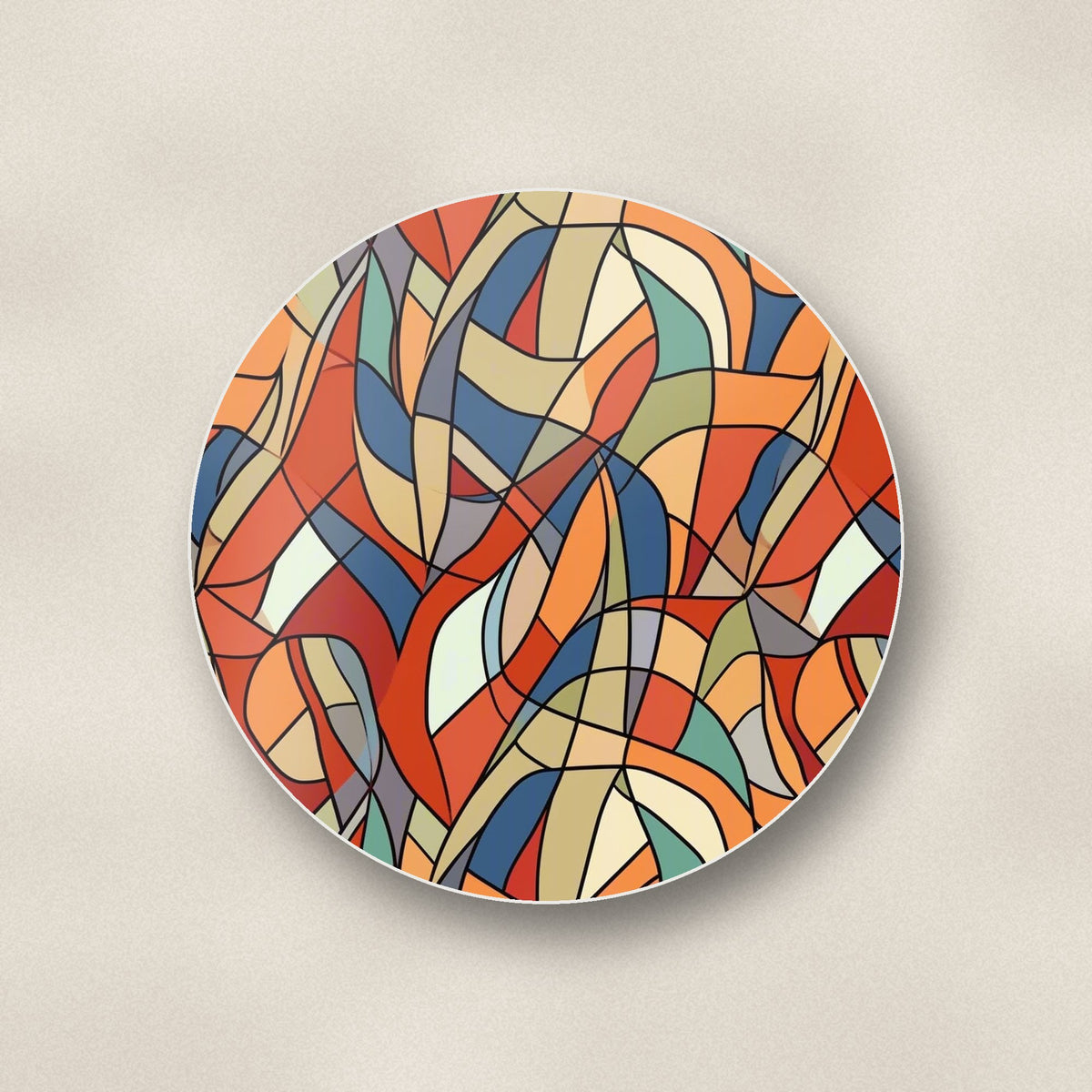 Close-up of one stained glass swirl abstract round ceramic coaster, flat UV print