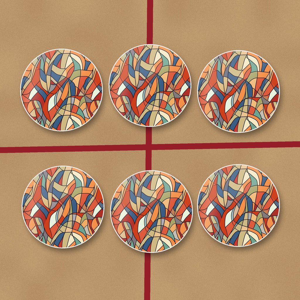 Stained Glass Swirl Abstract round ceramic coasters on kraft gift wrap