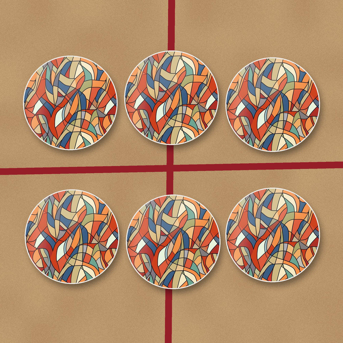 Stained Glass Swirl Abstract round ceramic coasters on kraft gift wrap