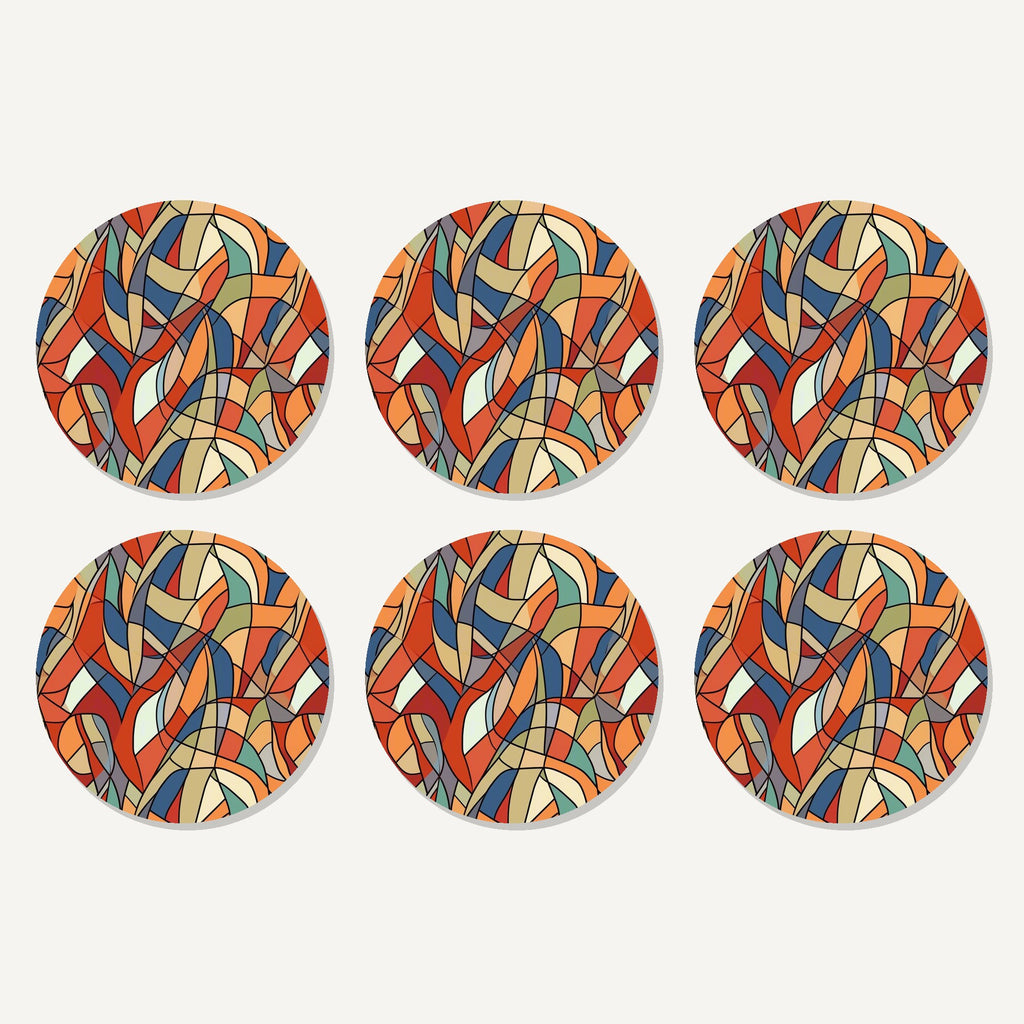 Flat lay of the stained glass swirl abstract artwork on six round coasters