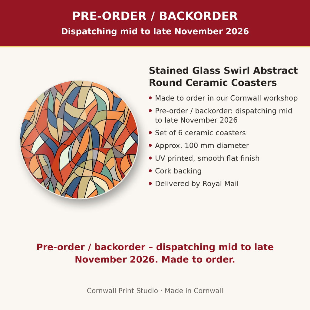 Info card: Stained Glass Swirl Abstract Round Ceramic Coasters – Set of 6, made to order, dispatching mid to late November 2026, delivered by Royal Mail