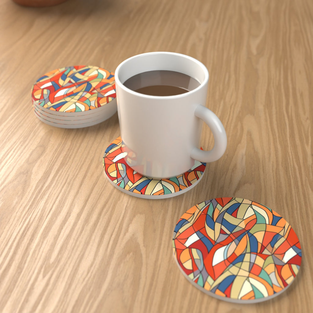 Stained Glass Swirl Abstract Round Ceramic Coasters – Set of 6 – lifestyle mockup with a mug of coffee