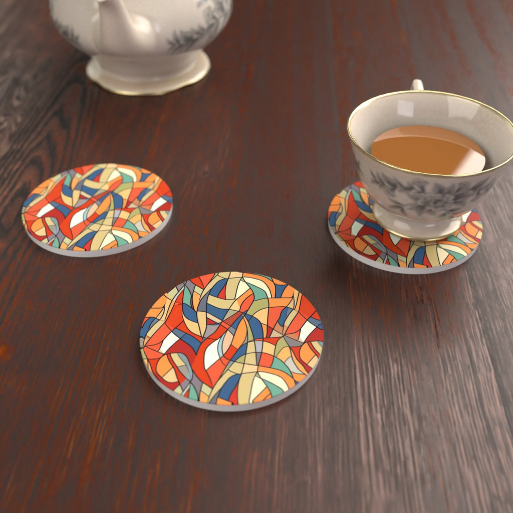 Stained Glass Swirl Abstract Round Ceramic Coasters – Set of 6 – lifestyle mockup with a teacup