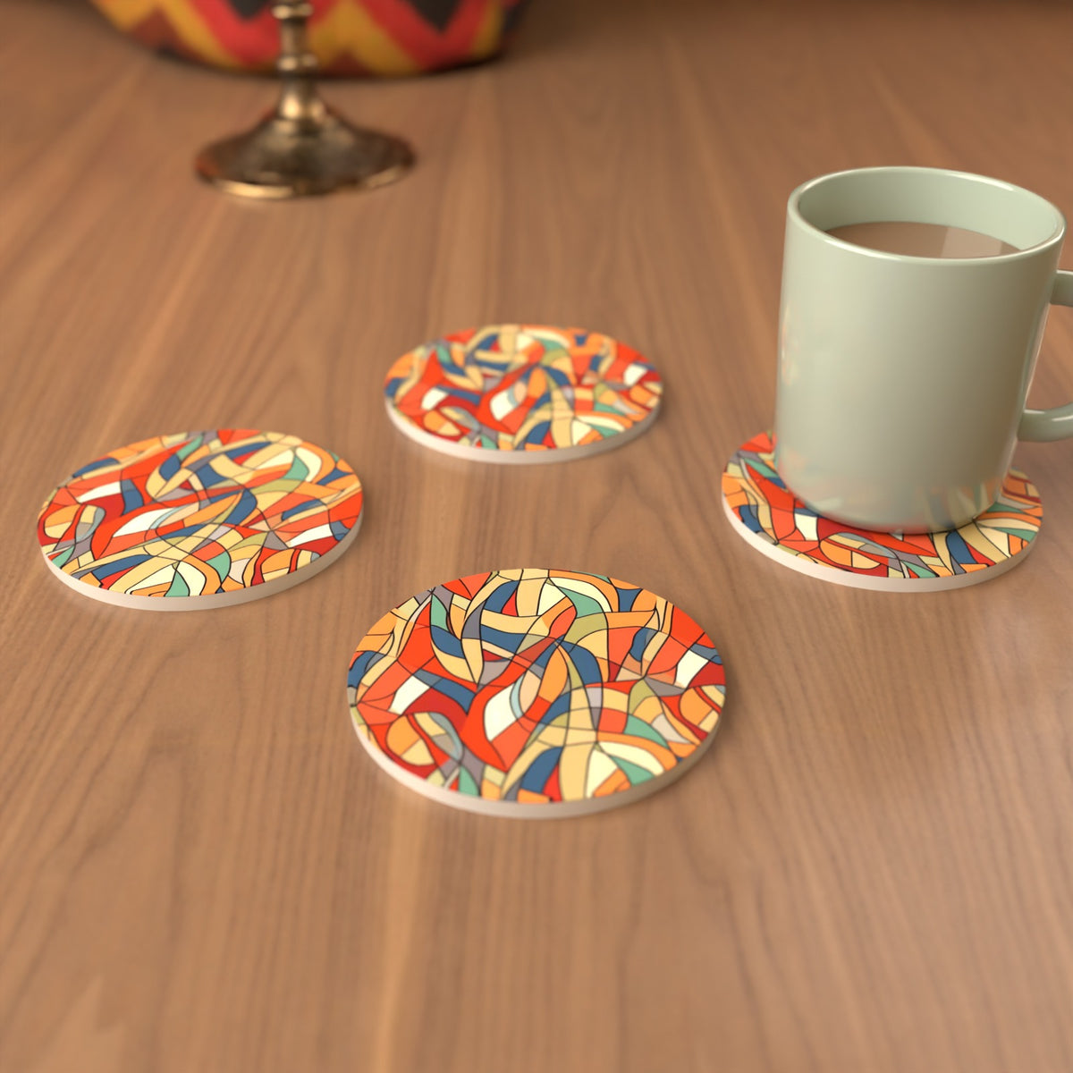 Stained Glass Swirl Abstract Round Ceramic Coasters – Set of 6 – cosy lifestyle mockup