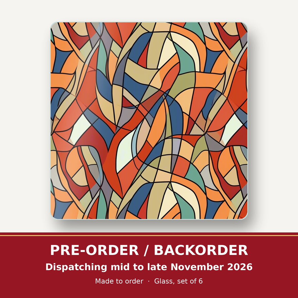 Stained Glass Swirl Abstract square glass coaster set of 6 – pre-order / backorder, dispatching mid to late November 2026