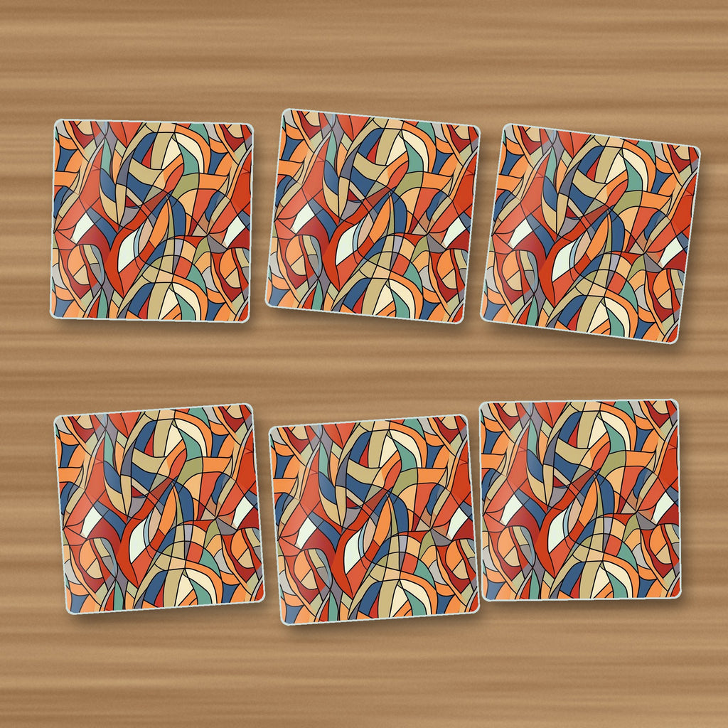 Stained Glass Swirl Abstract square glass coasters, set of 6, on an oak coffee table