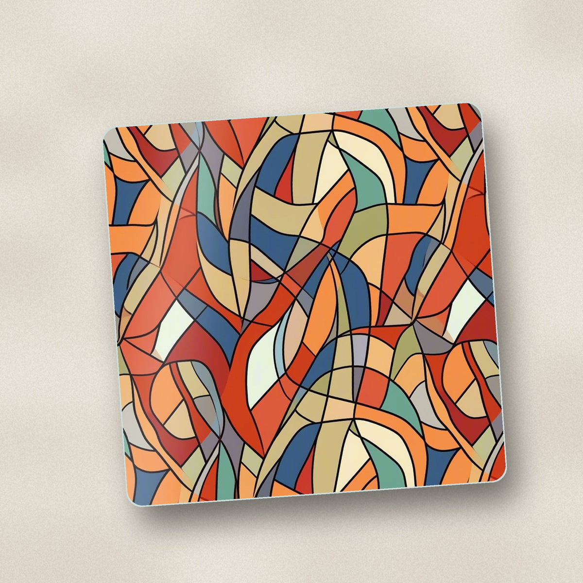Close-up of one stained glass swirl abstract square glass coaster, flat UV print