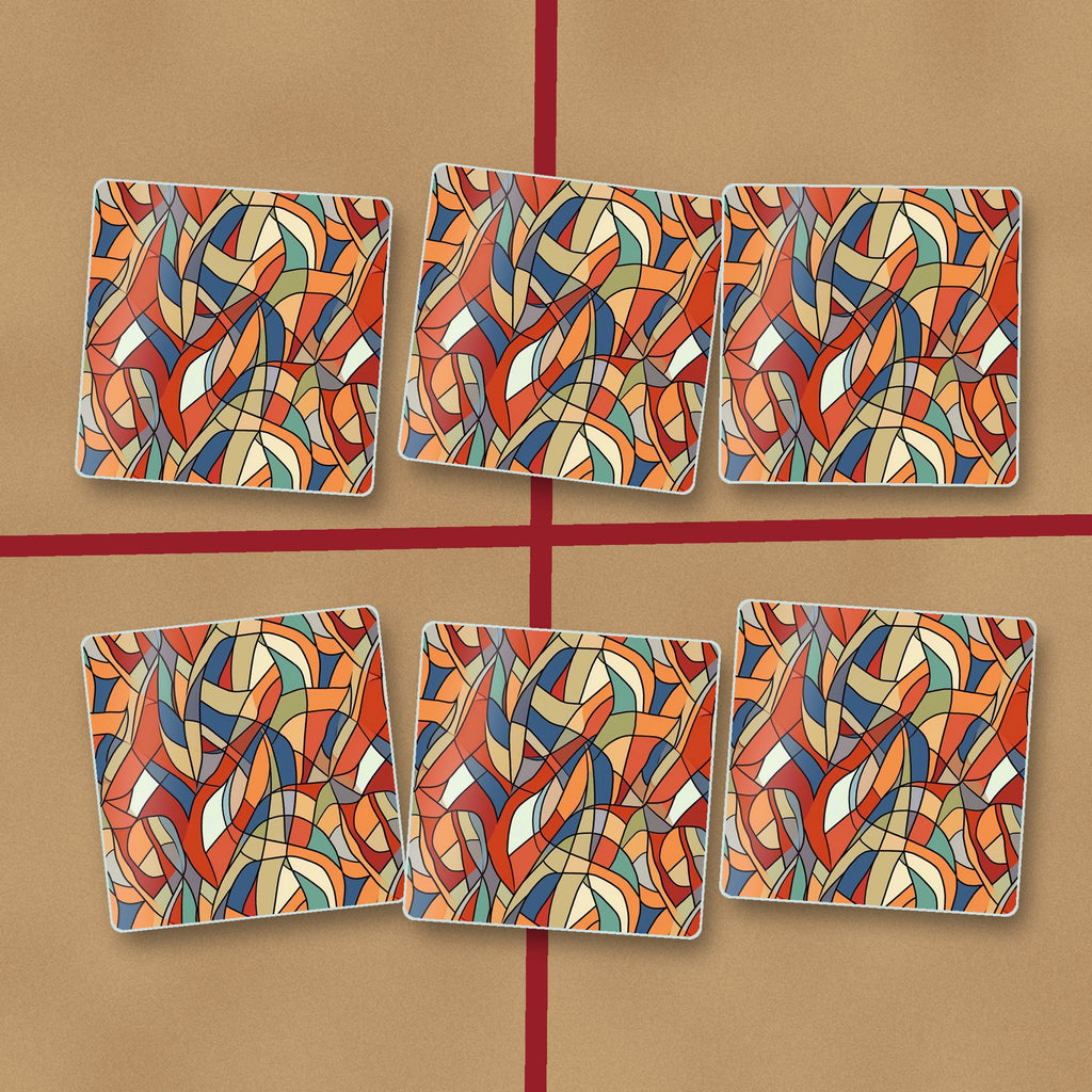 Stained Glass Swirl Abstract square glass coasters on kraft gift wrap