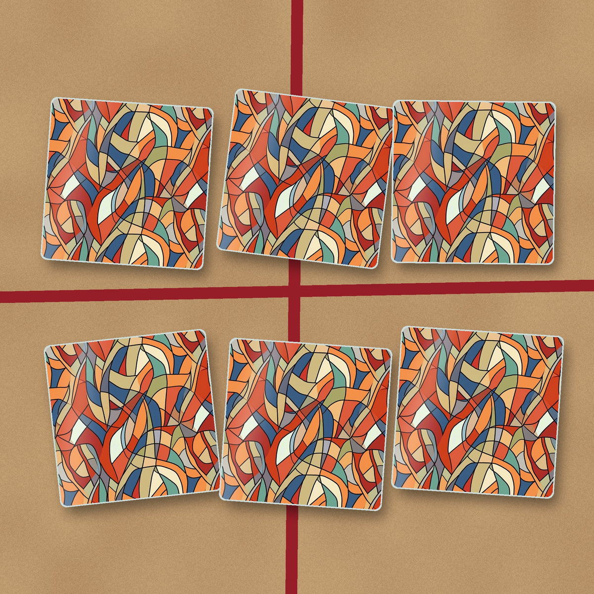 Stained Glass Swirl Abstract square glass coasters on kraft gift wrap