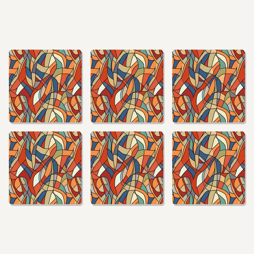 Flat lay of the stained glass swirl abstract artwork on six square coasters