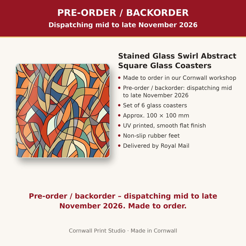Info card: Stained Glass Swirl Abstract Square Glass Coasters – Set of 6, made to order, dispatching mid to late November 2026, delivered by Royal Mail