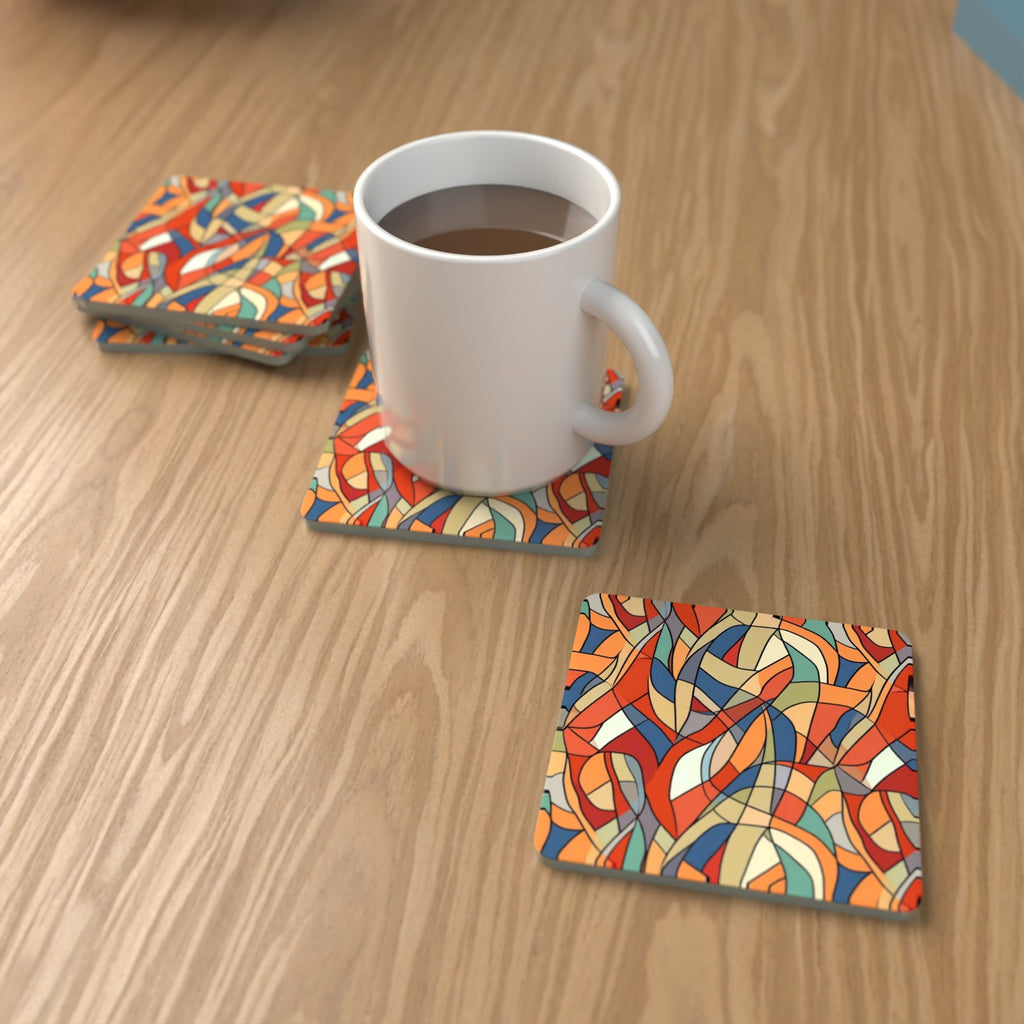 Stained Glass Swirl Abstract Square Glass Coasters – Set of 6 – lifestyle mockup with a mug of coffee