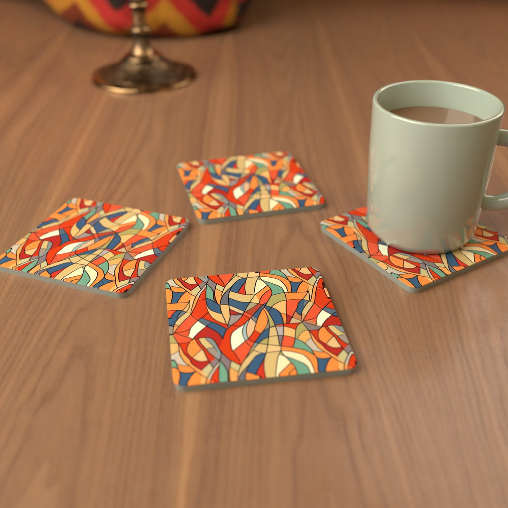 Stained Glass Swirl Abstract Square Glass Coasters – Set of 6 – cosy lifestyle mockup
