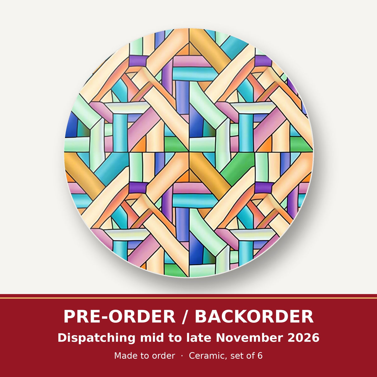 Pastel Woven Lattice round ceramic coaster set of 6 – pre-order / backorder, dispatching mid to late November 2026