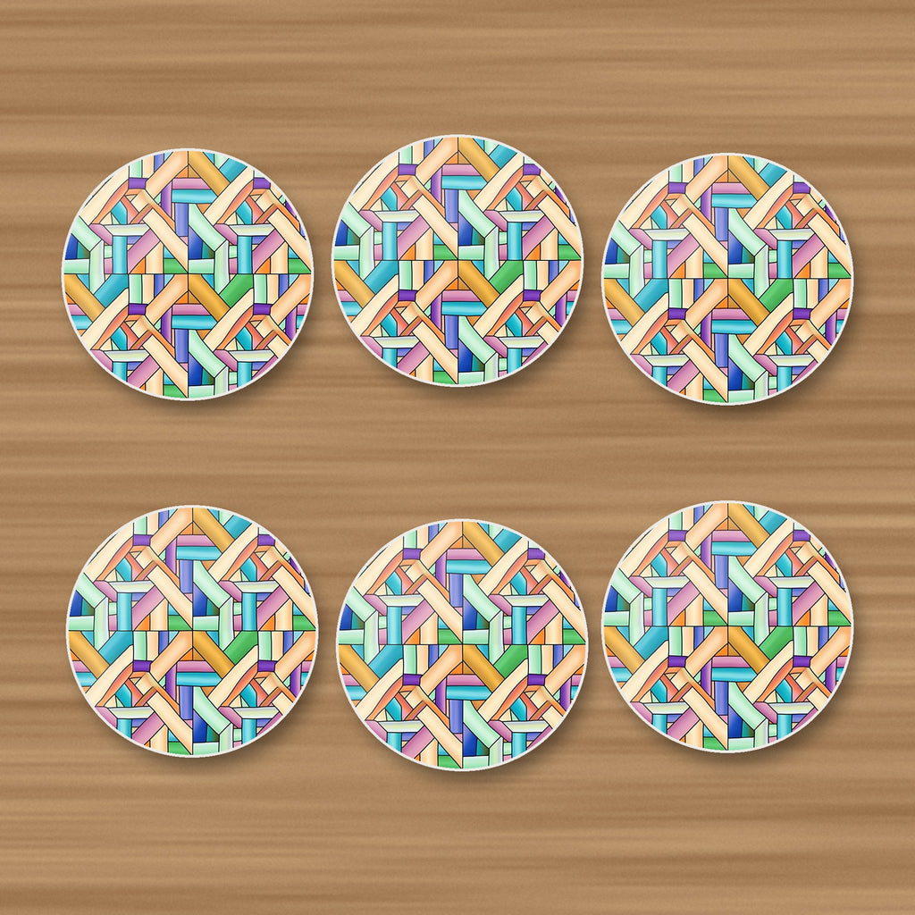 Pastel Woven Lattice round ceramic coasters, set of 6, on an oak coffee table
