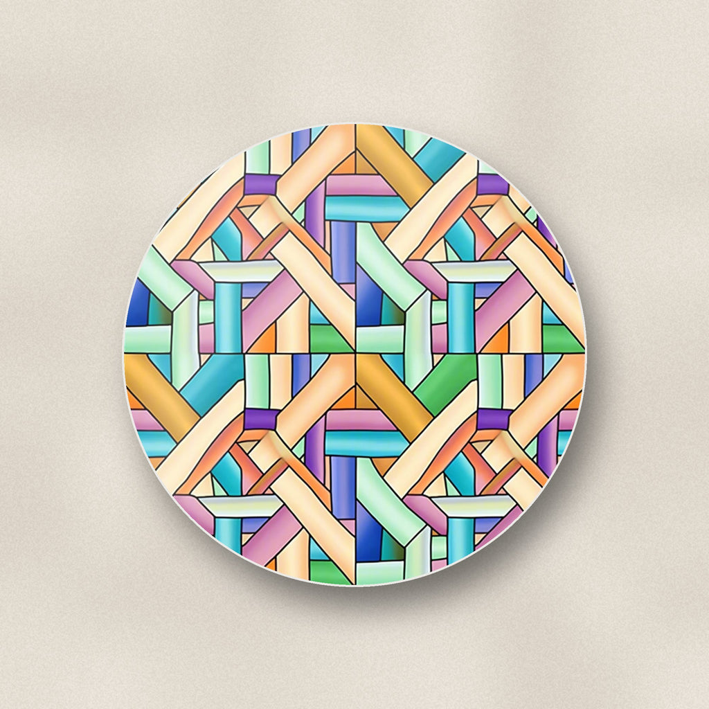 Close-up of one pastel woven lattice round ceramic coaster, flat UV print