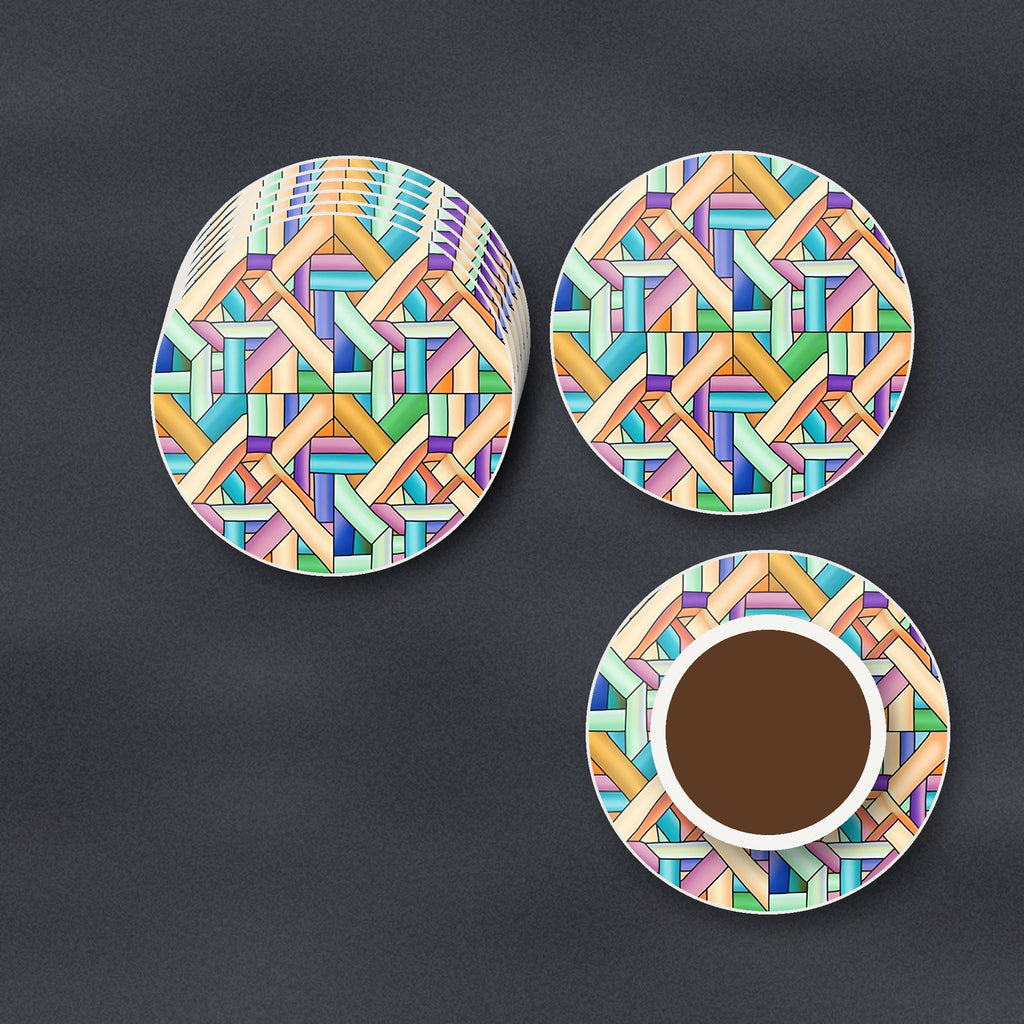 Pastel Woven Lattice round ceramic coasters stacked on a slate kitchen worktop