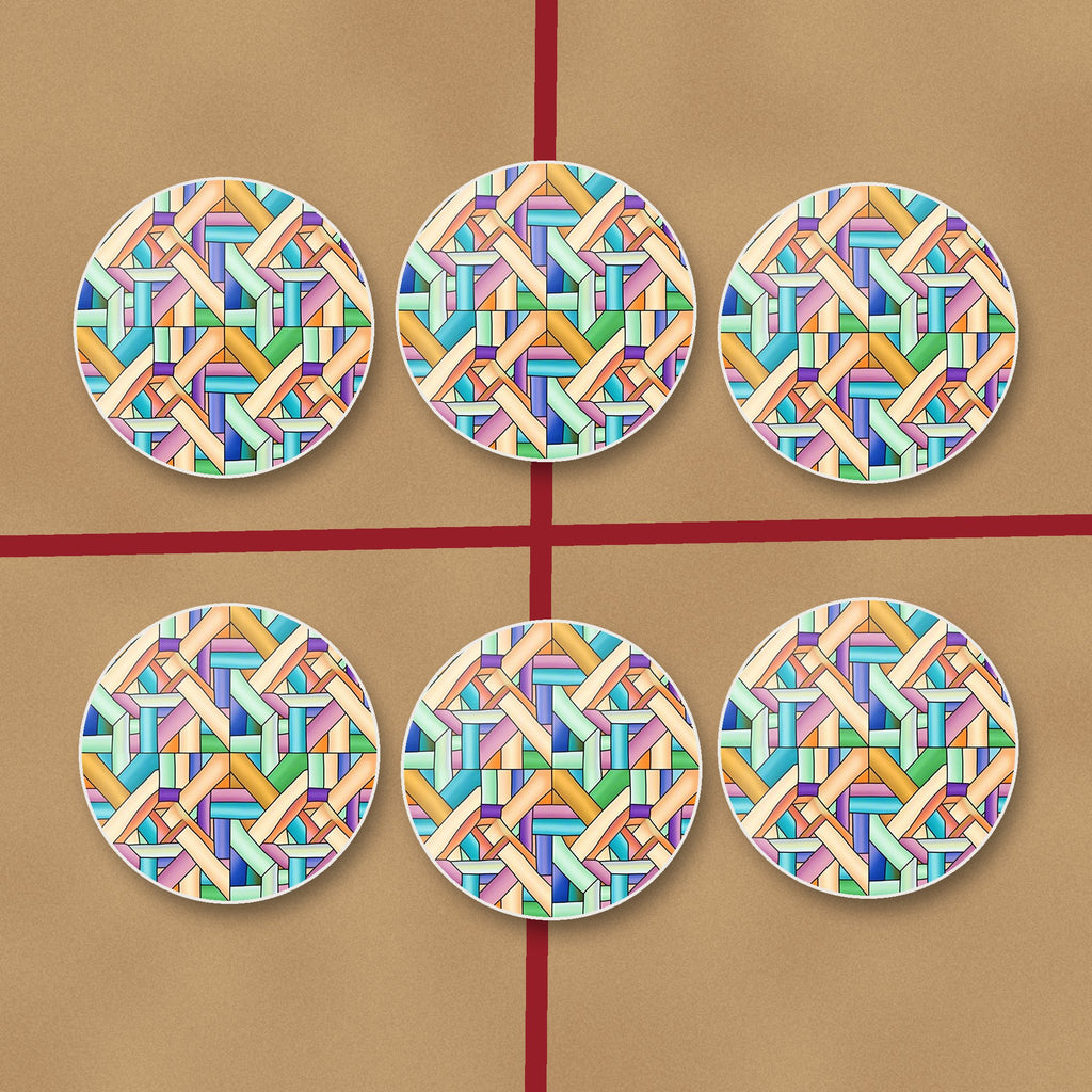 Pastel Woven Lattice round ceramic coasters on kraft gift wrap