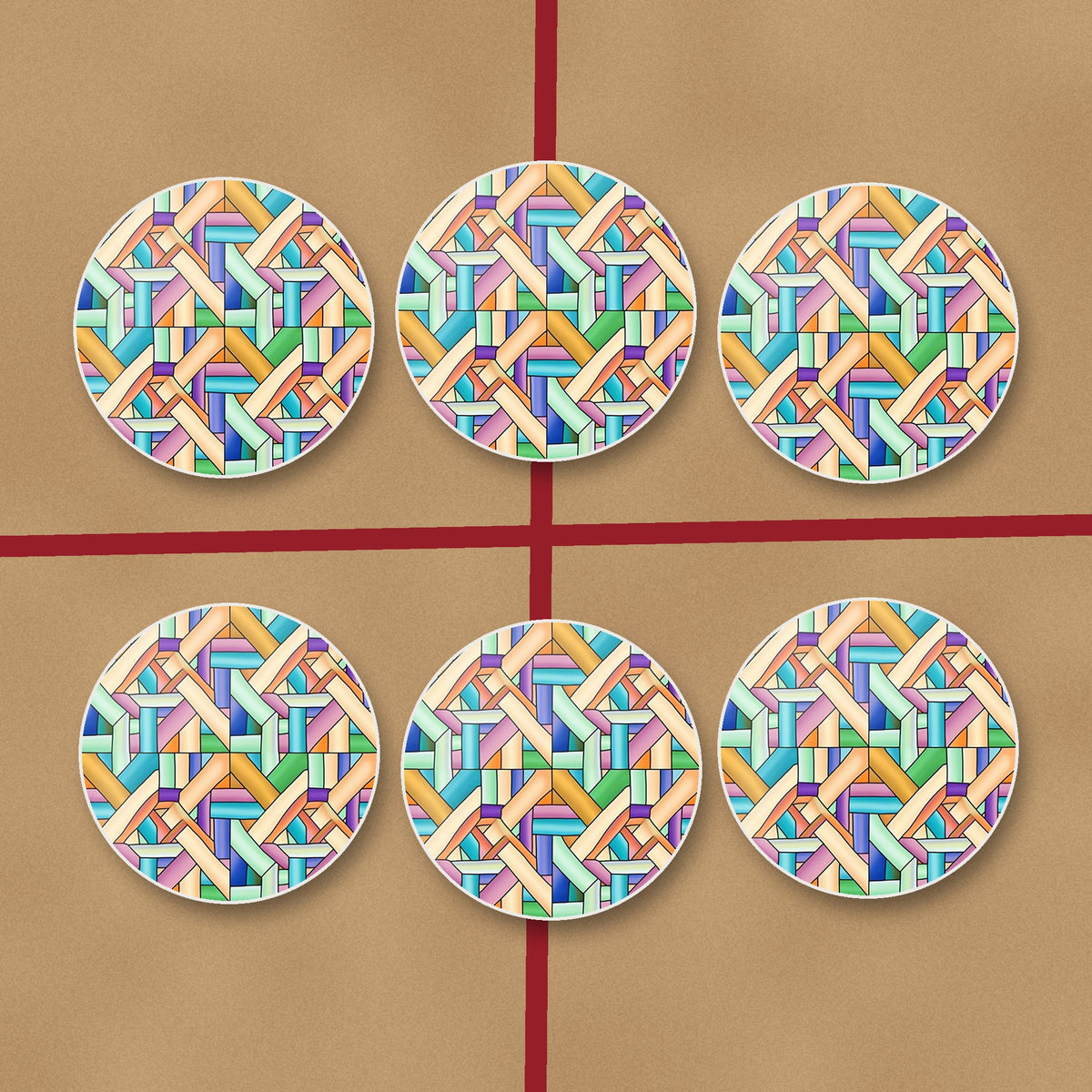 Pastel Woven Lattice round ceramic coasters on kraft gift wrap