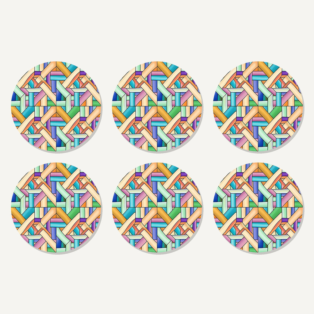 Flat lay of the pastel woven lattice artwork on six round coasters