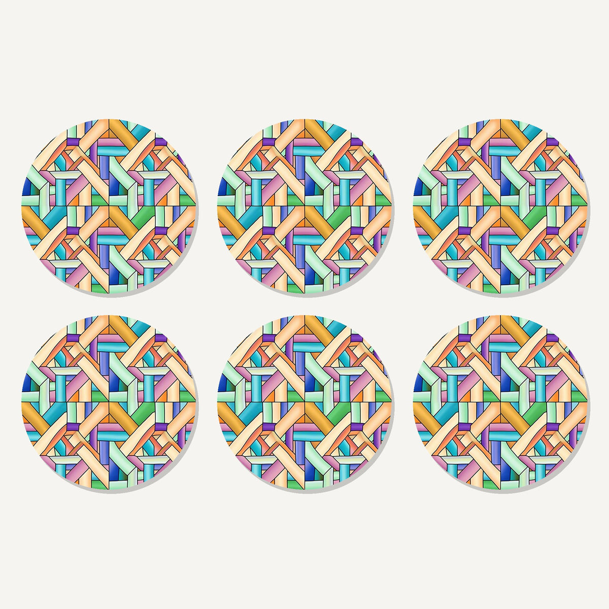 Flat lay of the pastel woven lattice artwork on six round coasters