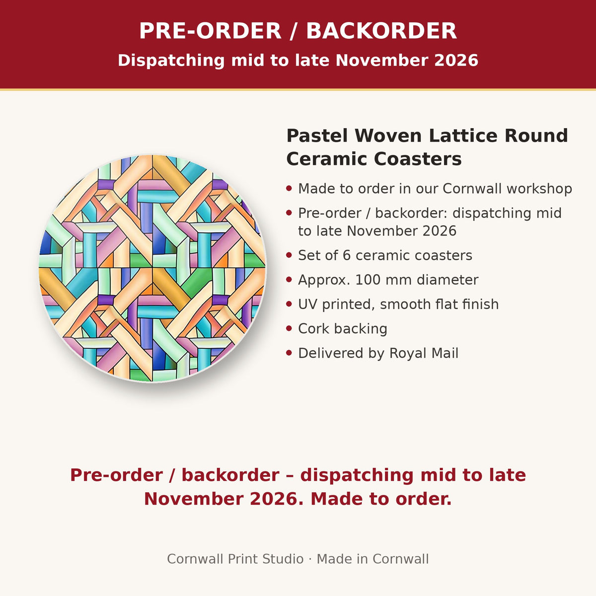 Info card: Pastel Woven Lattice Round Ceramic Coasters – Set of 6, made to order, dispatching mid to late November 2026, delivered by Royal Mail