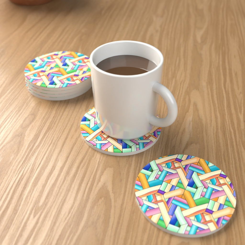Pastel Woven Lattice Round Ceramic Coasters – Set of 6 – lifestyle mockup with a mug of coffee