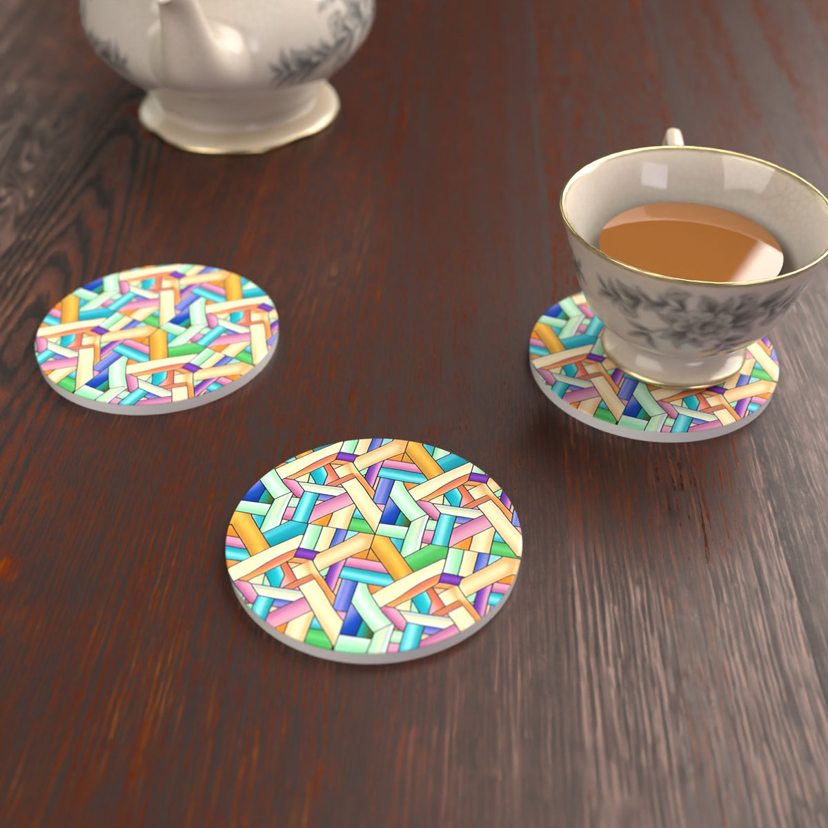 Pastel Woven Lattice Round Ceramic Coasters – Set of 6 – lifestyle mockup with a teacup