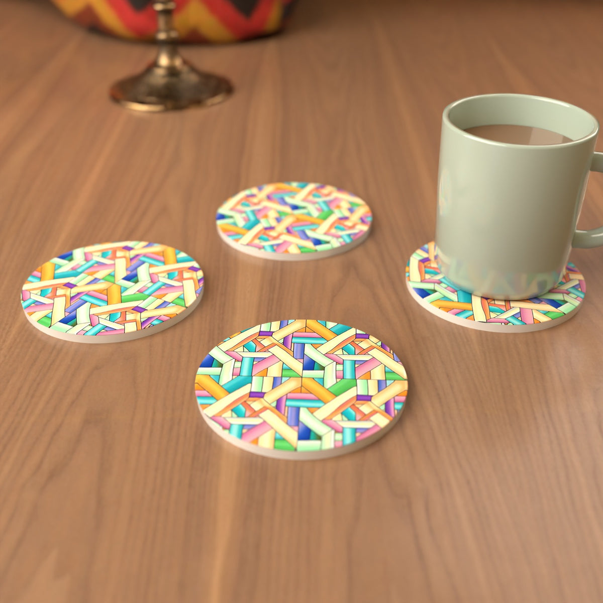 Pastel Woven Lattice Round Ceramic Coasters – Set of 6 – cosy lifestyle mockup