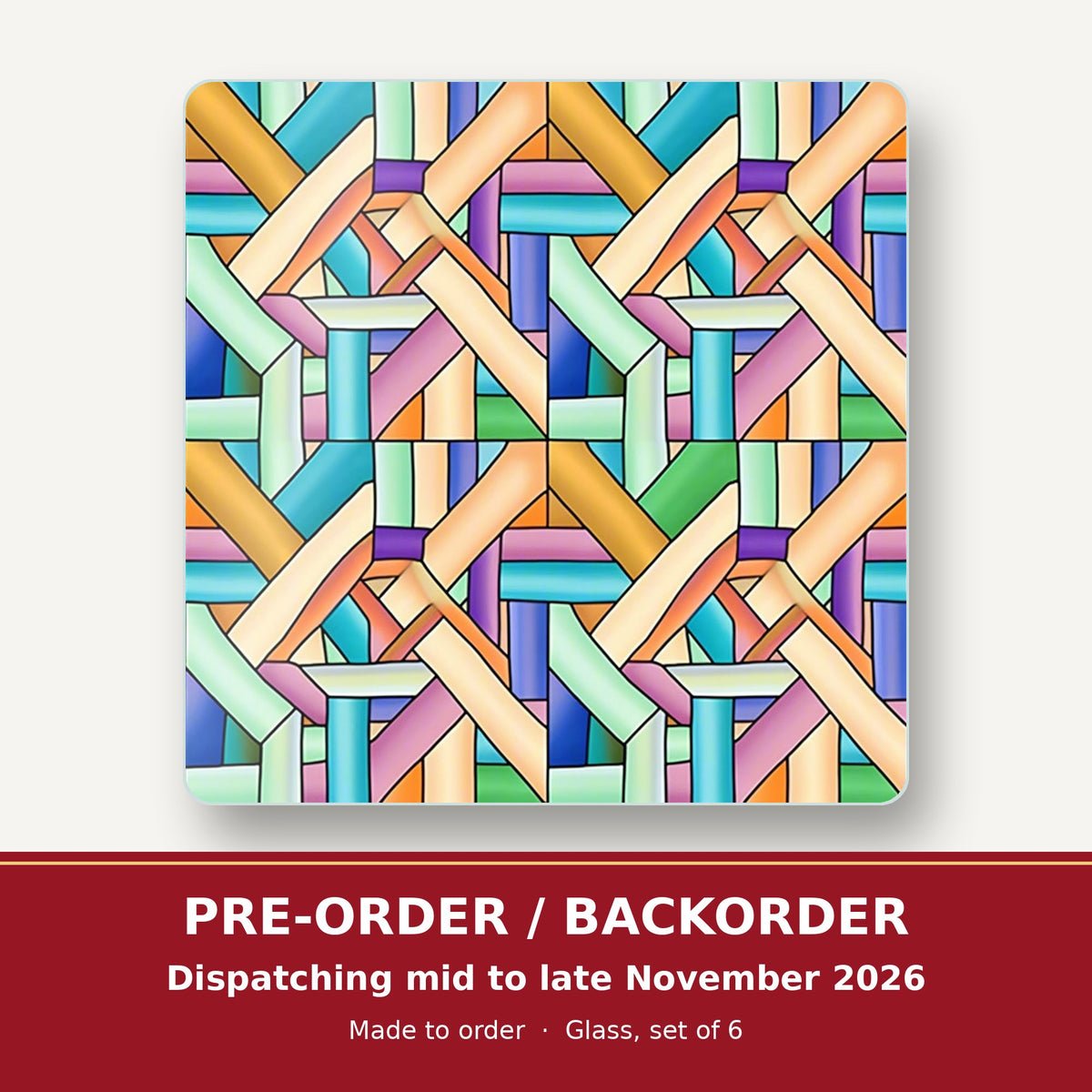 Pastel Woven Lattice square glass coaster set of 6 – pre-order / backorder, dispatching mid to late November 2026