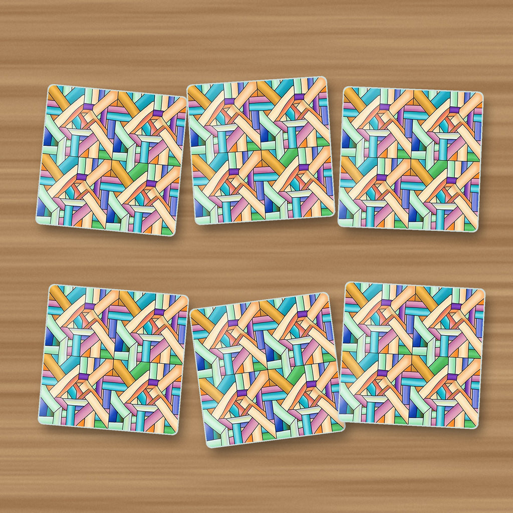 Pastel Woven Lattice square glass coasters, set of 6, on an oak coffee table