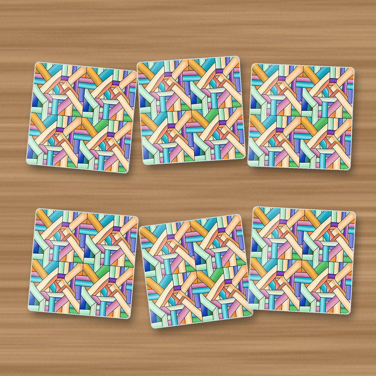 Pastel Woven Lattice square glass coasters, set of 6, on an oak coffee table