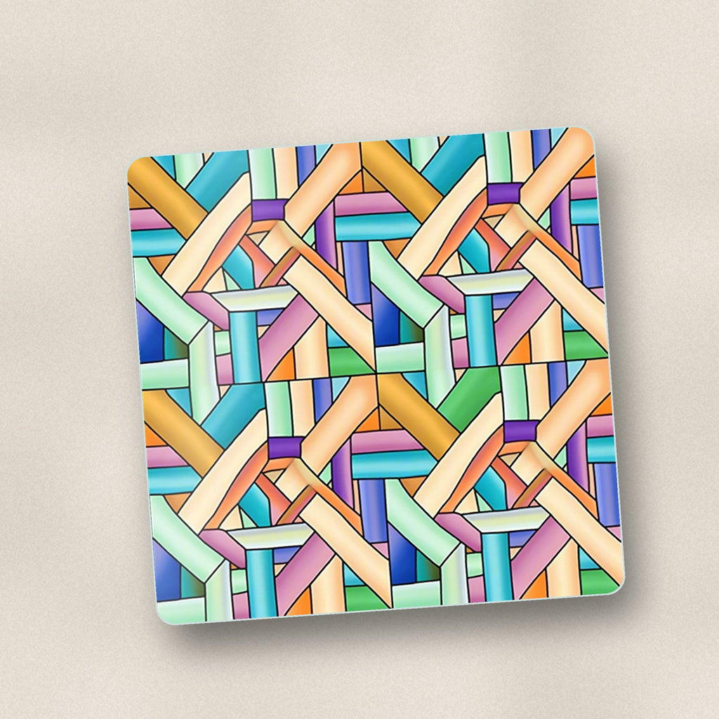 Close-up of one pastel woven lattice square glass coaster, flat UV print