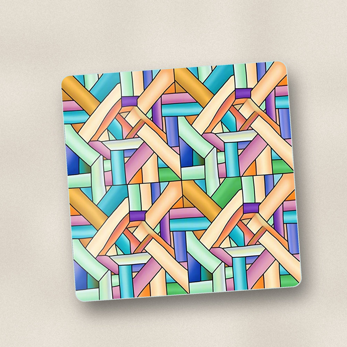 Close-up of one pastel woven lattice square glass coaster, flat UV print
