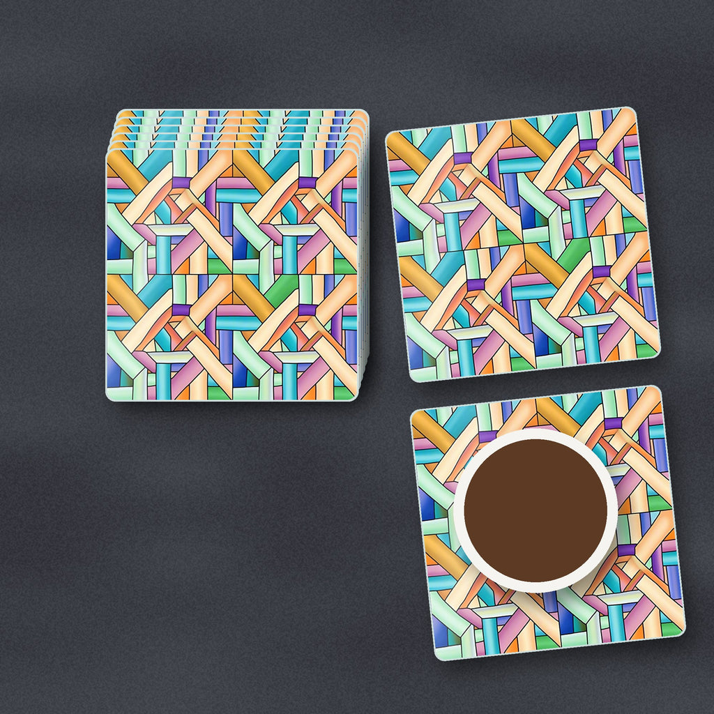 Pastel Woven Lattice square glass coasters stacked on a slate kitchen worktop