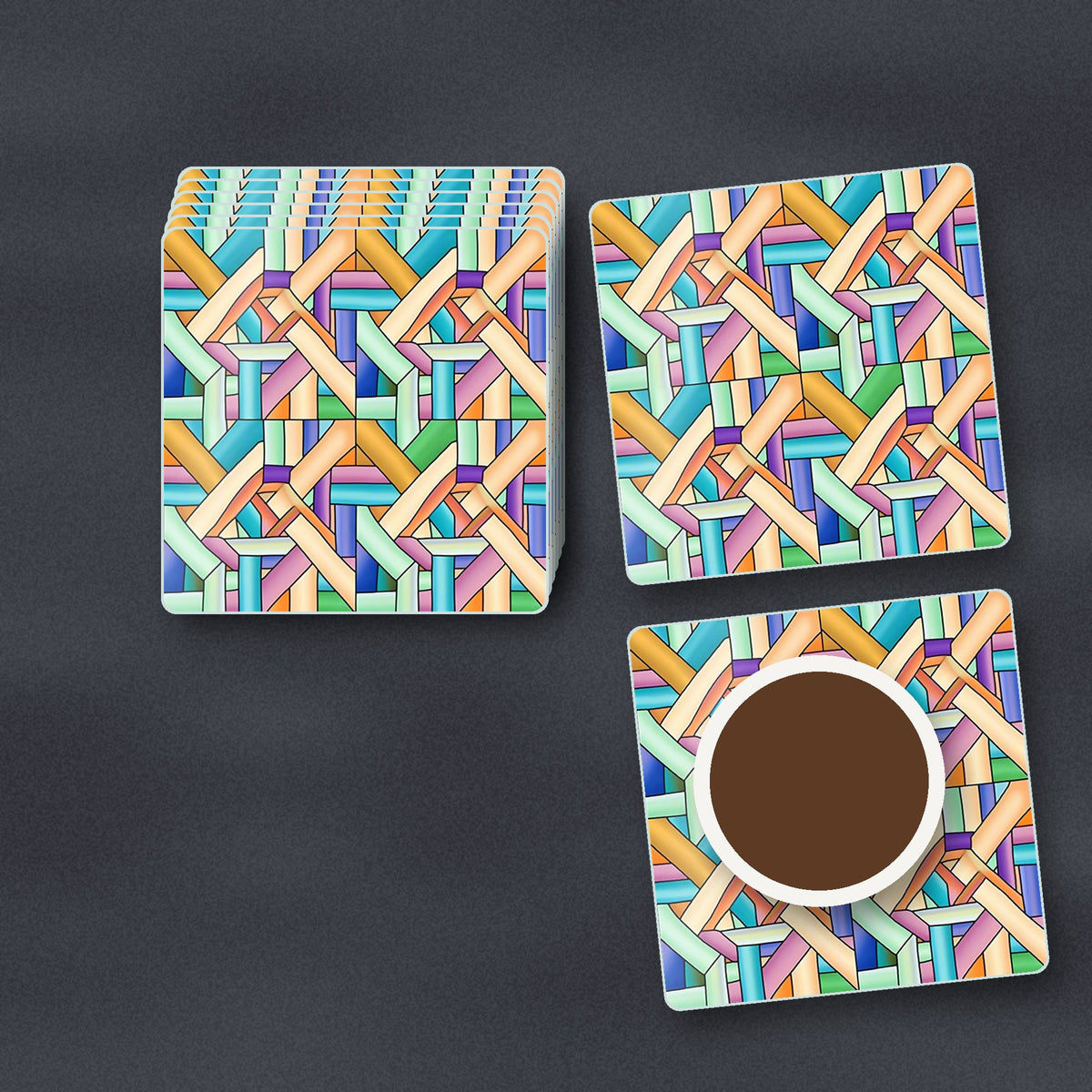 Pastel Woven Lattice square glass coasters stacked on a slate kitchen worktop