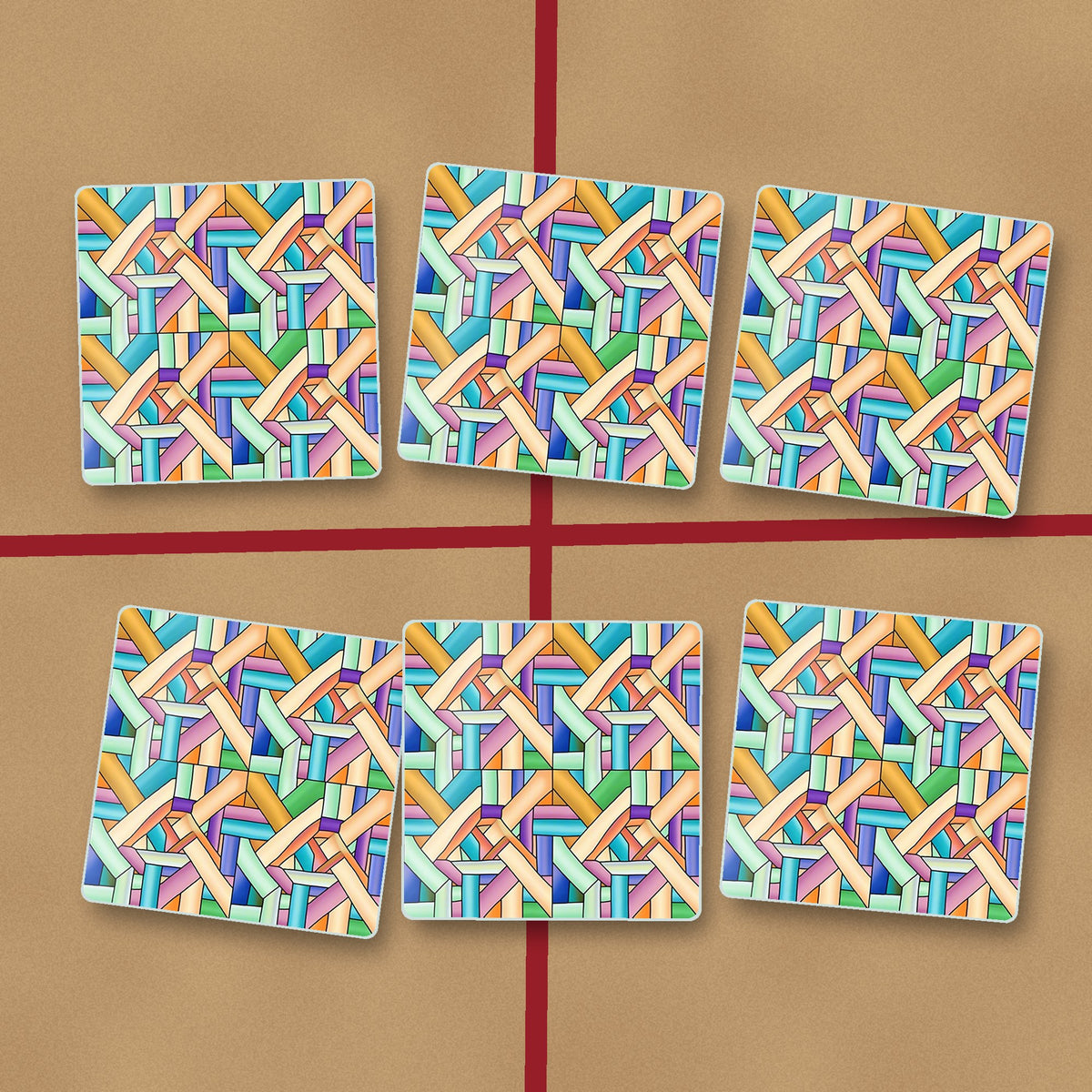 Pastel Woven Lattice square glass coasters on kraft gift wrap