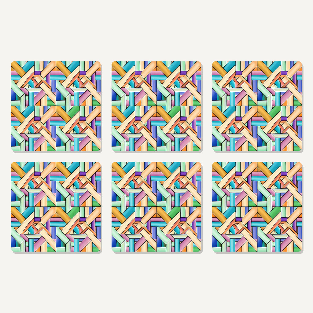 Flat lay of the pastel woven lattice artwork on six square coasters