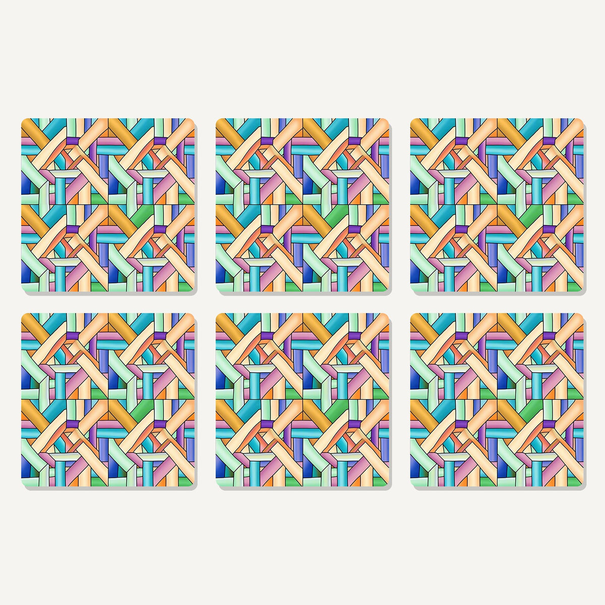 Flat lay of the pastel woven lattice artwork on six square coasters