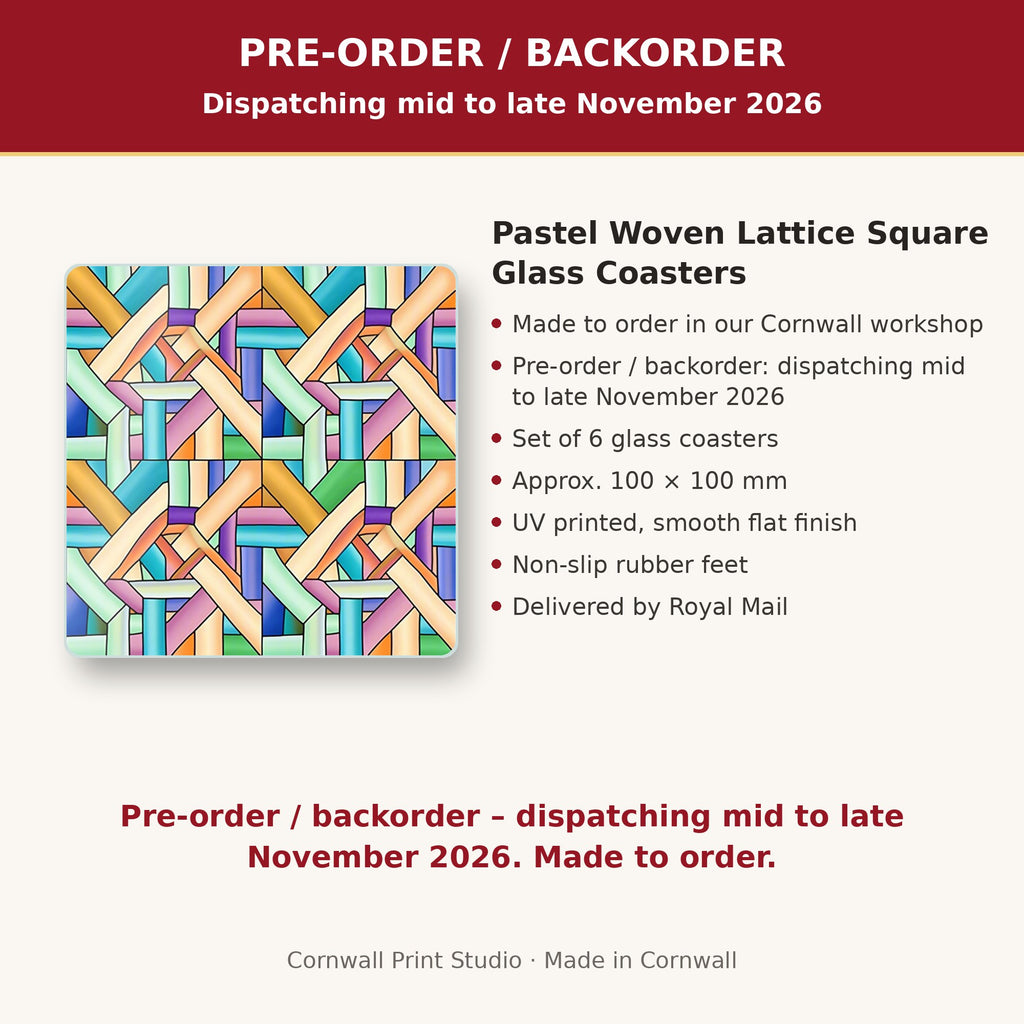 Info card: Pastel Woven Lattice Square Glass Coasters – Set of 6, made to order, dispatching mid to late November 2026, delivered by Royal Mail