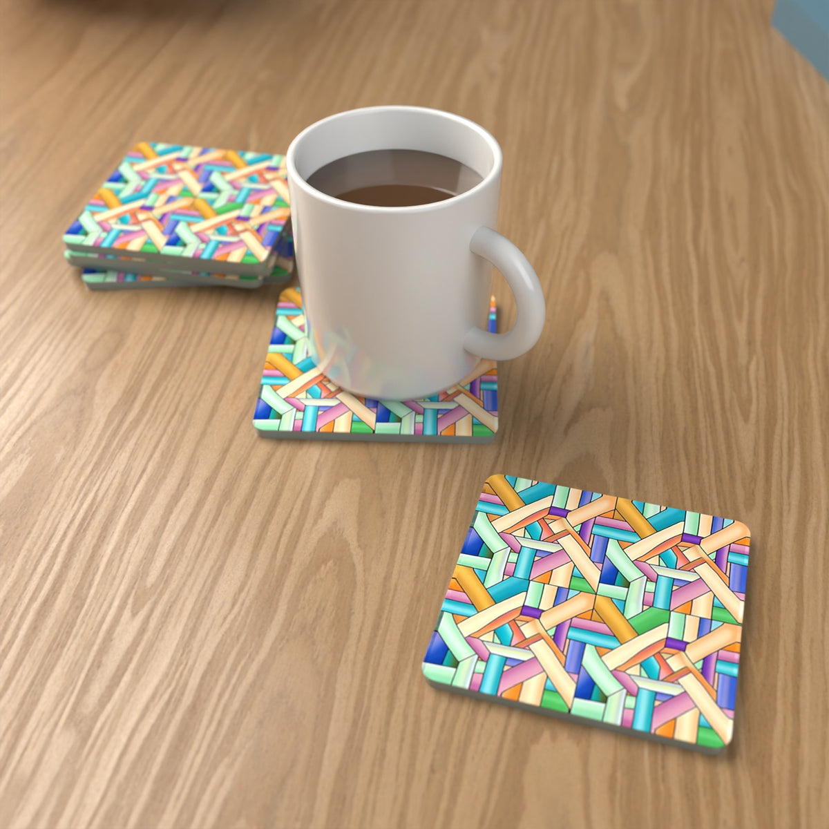 Pastel Woven Lattice Square Glass Coasters – Set of 6 – lifestyle mockup with a mug of coffee