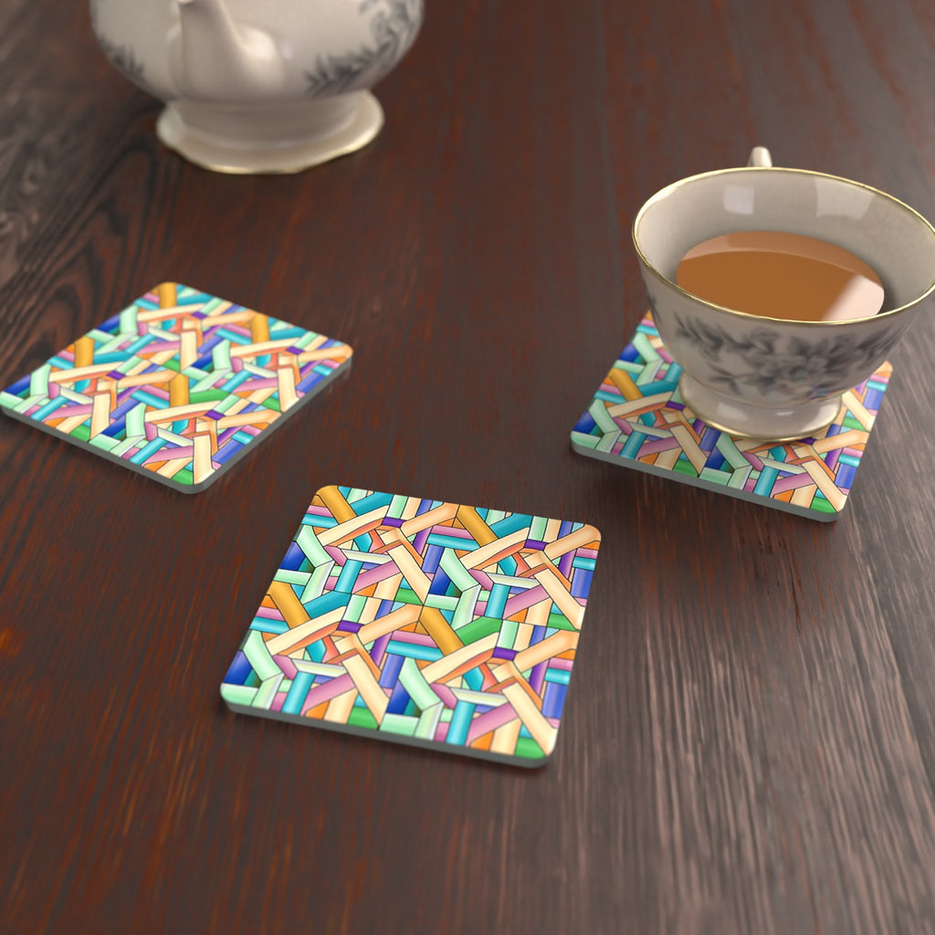 Pastel Woven Lattice Square Glass Coasters – Set of 6 – lifestyle mockup with a teacup