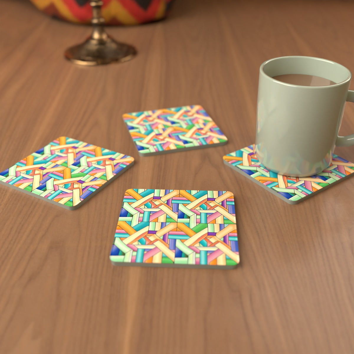 Pastel Woven Lattice Square Glass Coasters – Set of 6 – cosy lifestyle mockup