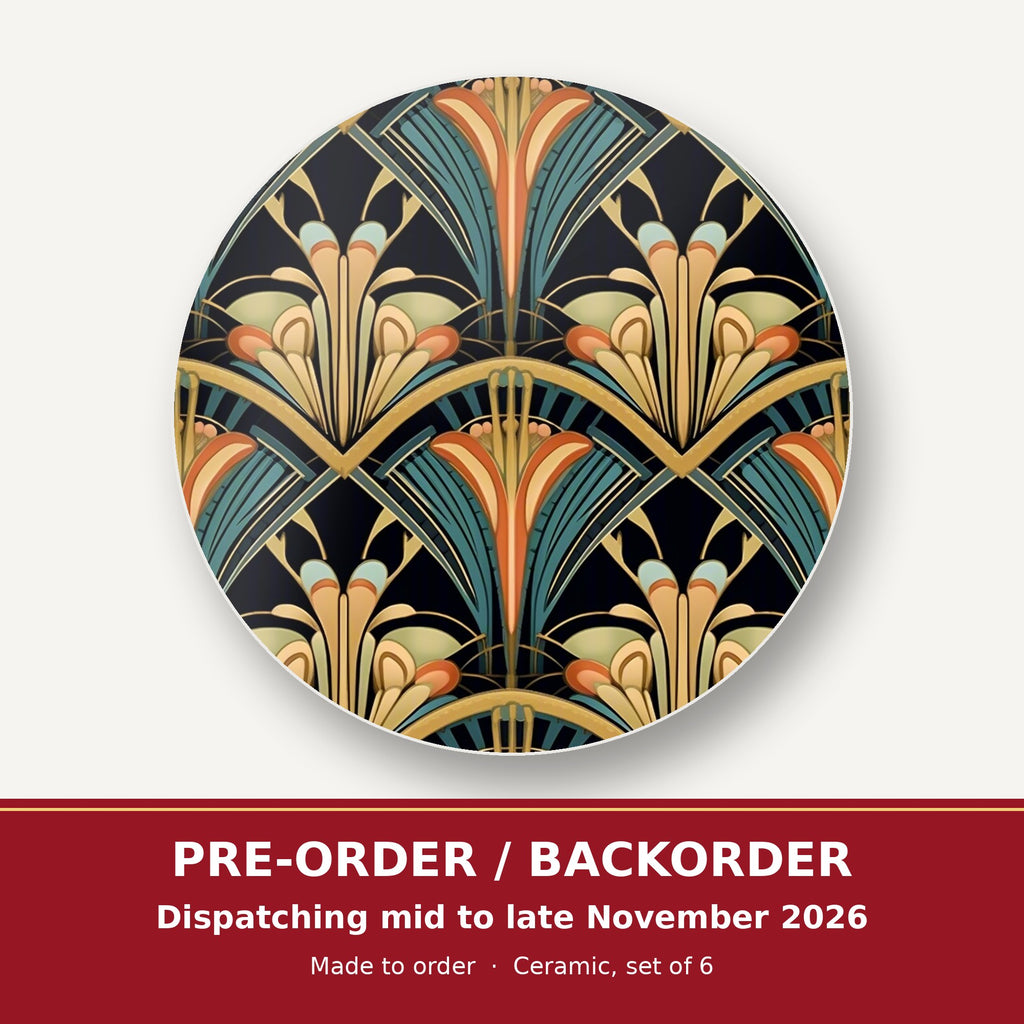 Art Deco Fan Pattern round ceramic coaster set of 6 – pre-order / backorder, dispatching mid to late November 2026