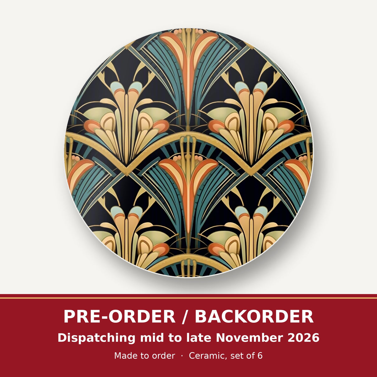 Art Deco Fan Pattern round ceramic coaster set of 6 – pre-order / backorder, dispatching mid to late November 2026