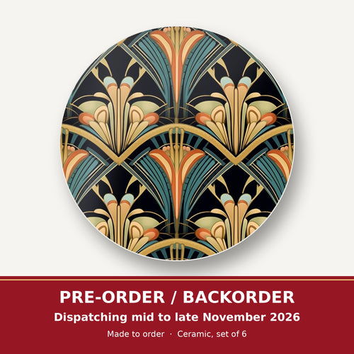 Art Deco Fan Pattern round ceramic coaster set of 6 – pre-order / backorder, dispatching mid to late November 2026